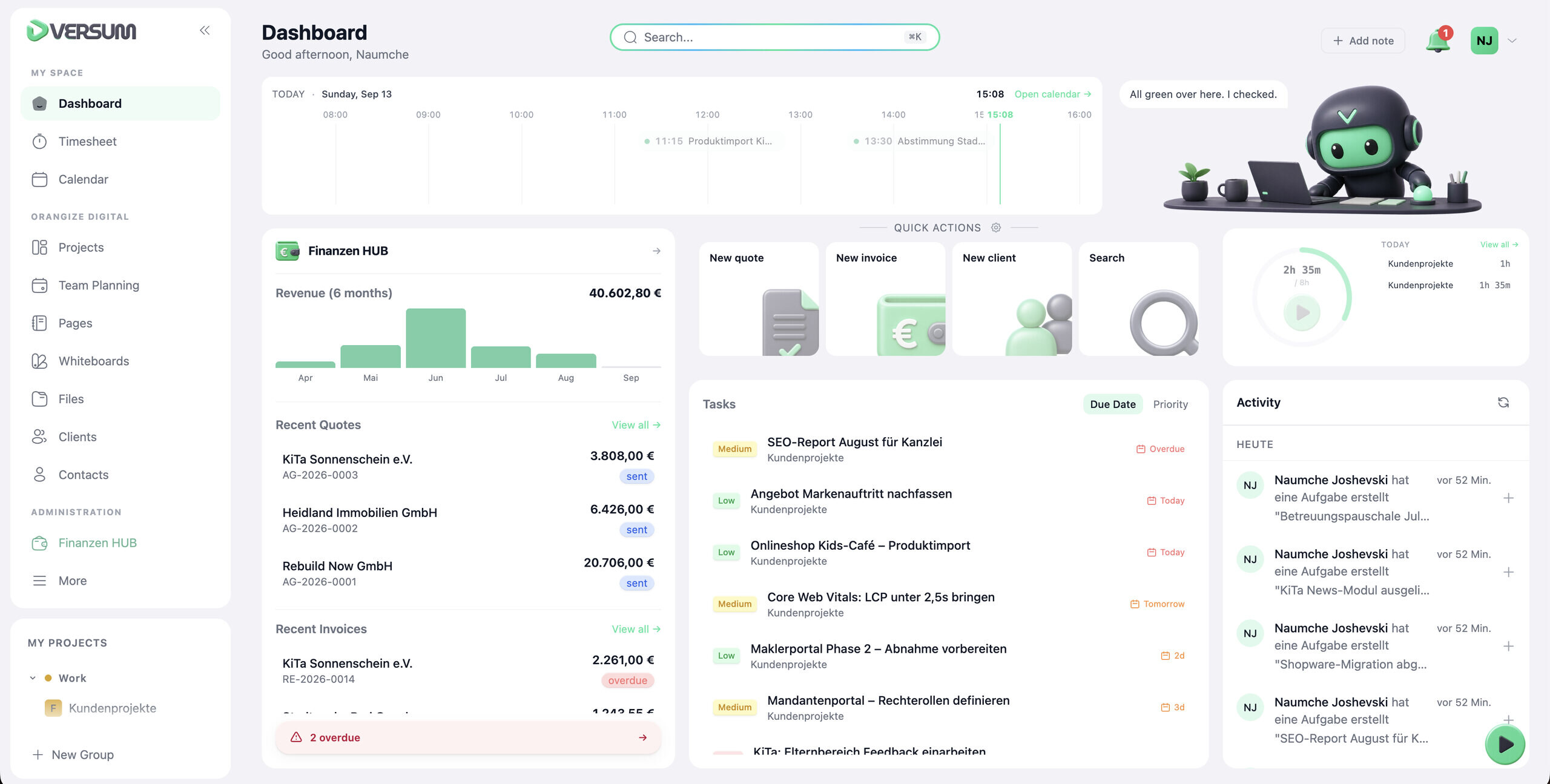 dVersum Dashboard mit Umsatz, Angeboten und Aufgaben